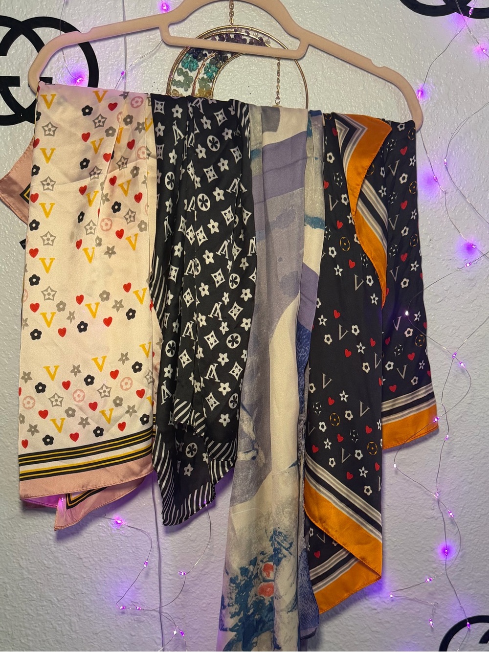 Lot of 4 Satin Silk Scarves - Monogram Heart Print Designer Inspired